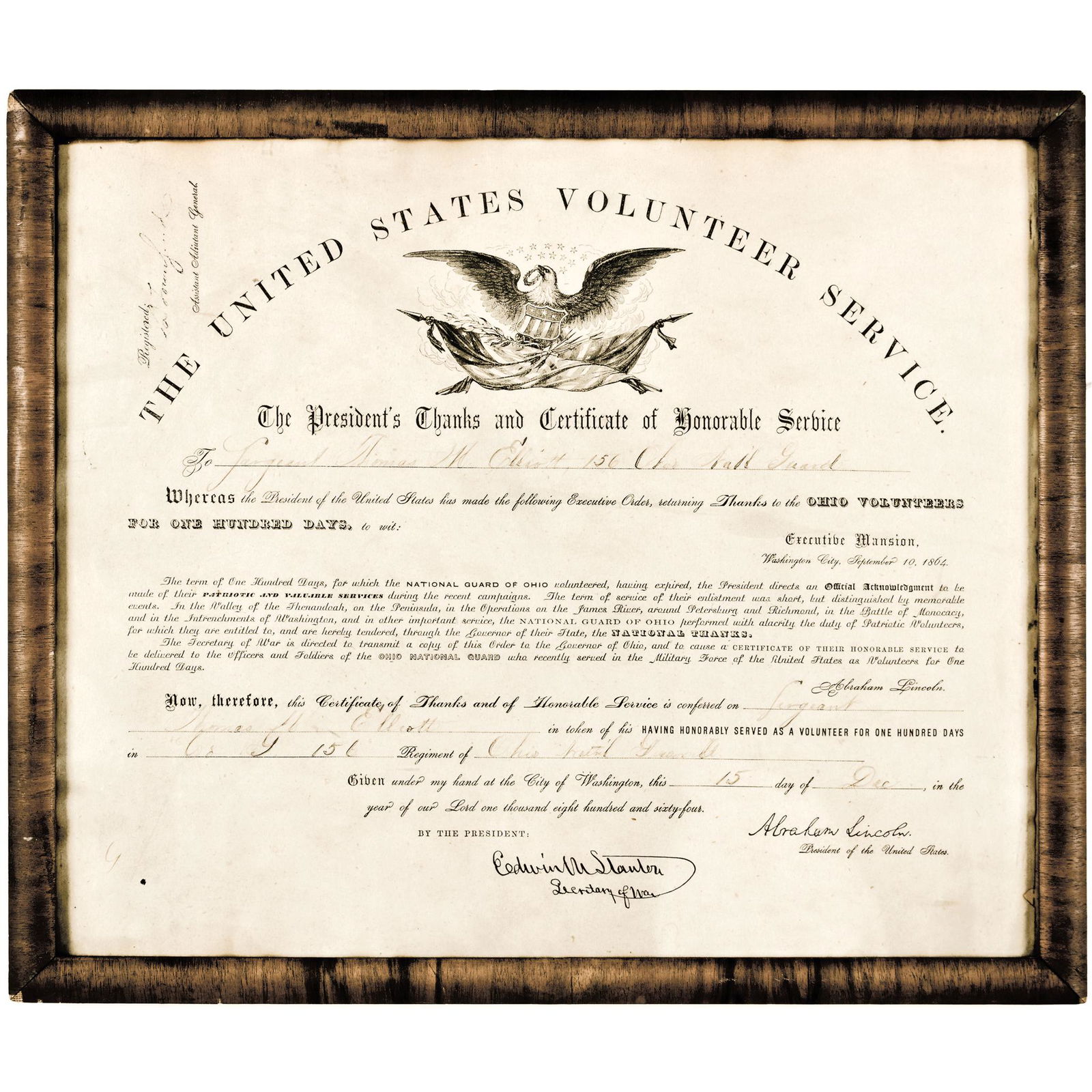 1864 Civil War Ohio, Volunteer Service Certificate, Printed Abraham Lincoln Facsimile Signature (1 of 3)