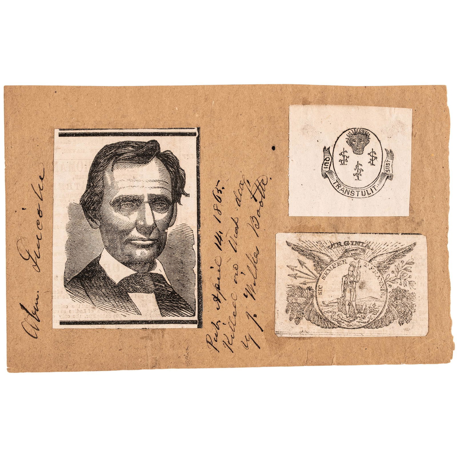 April 14, 1865 Woodcuts, Abraham Lincoln, VA. State Seal, CT. State Seal Parody Head of a Black Man (1 of 5)