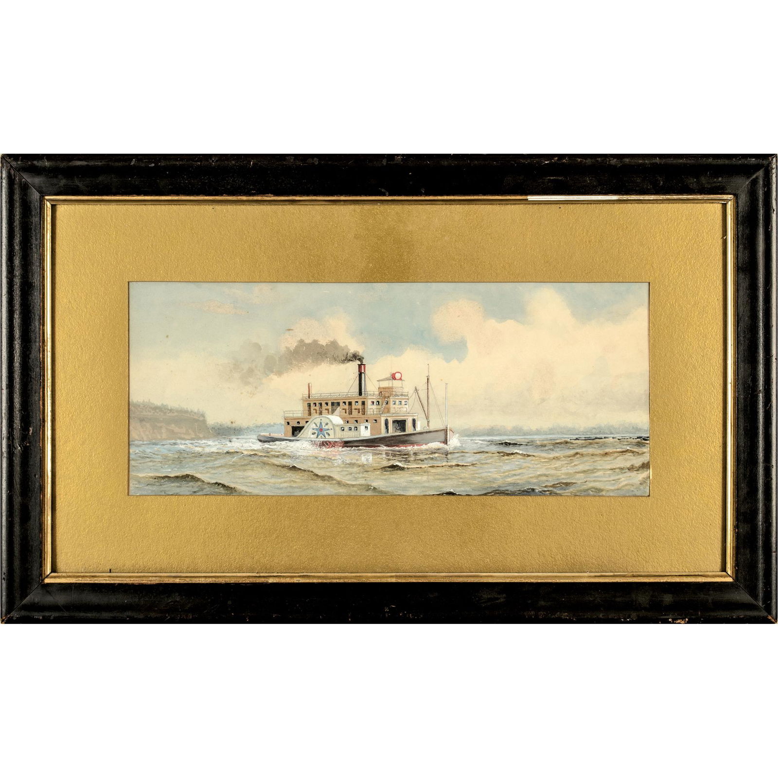 c. 1880 Hudson River Side Wheeler Steamship, 8 x 19.5 inch Watercolor Painting, Framed (1 of 2)