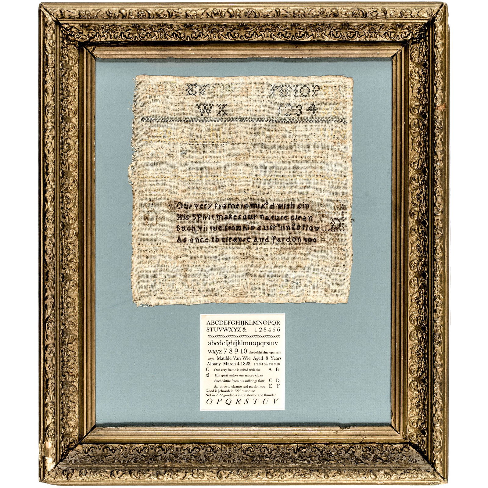 March 4, 1828-Dated, Albany NY Hand-Stitched Textile Sampler, Made by: Matilde Van Wie, Aged 8 Years (1 of 3)