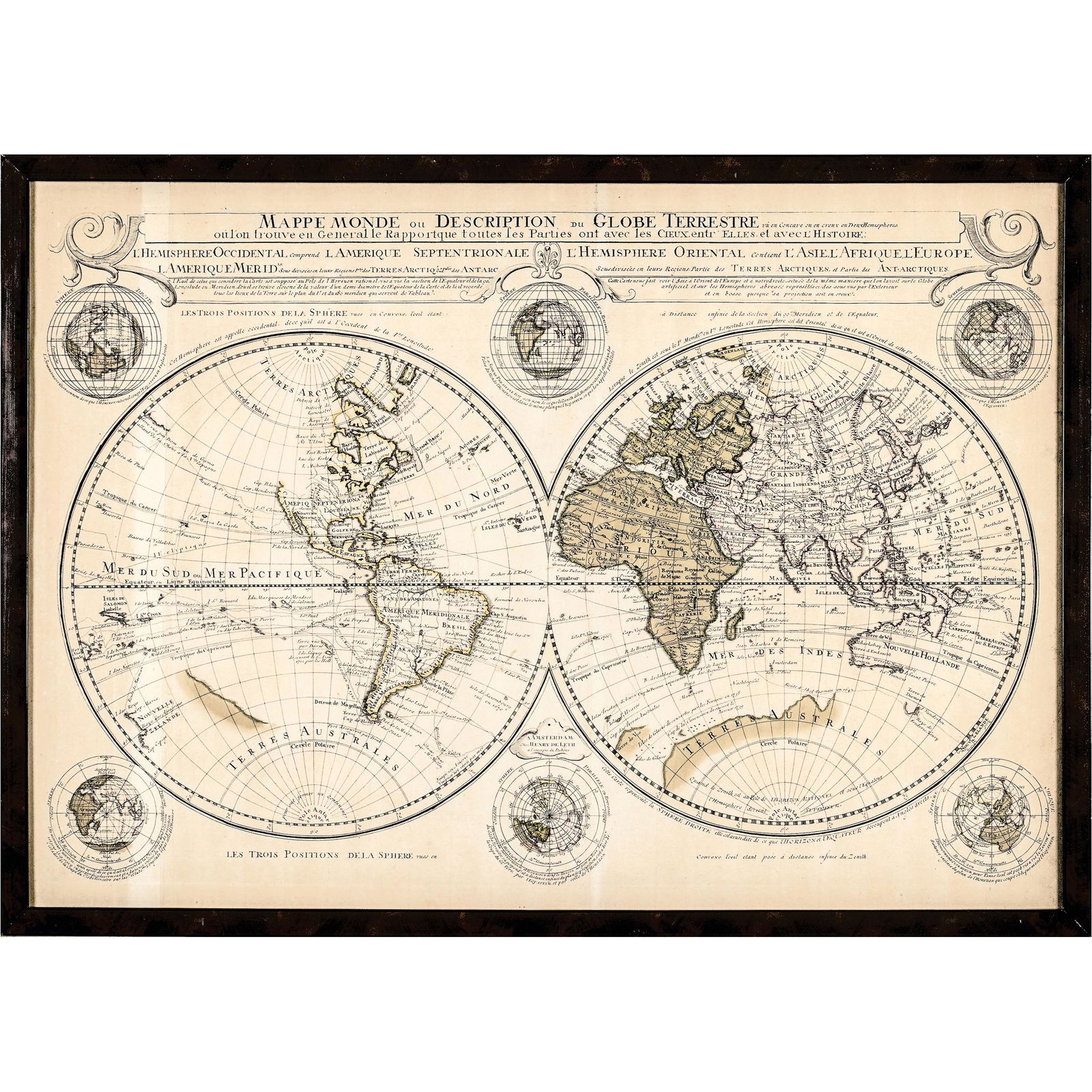 c 1750 Handcolored Double Hemisphere World Map Mappe Monde ou Description du Globe Terrestre, Framed: Historic Maps Circa 1750 Hand-Colored Double Hemisphere World Map with Explorers' Routes & Dates by Hendrik de Leth, Framed c. 1750, Hand-Colored World Map in Double Hemisphere, "Mappe Monde ou Descri