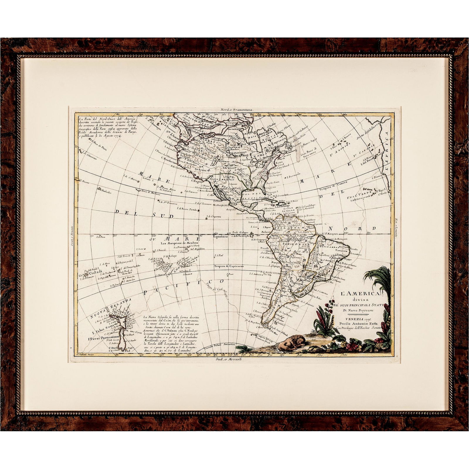 1770 Published Hand-Colored Engraved MAP OF THE AMERICAS by ANTONIO ZATTA, Framed: Historic Maps Hand-Colored MAP OF THE AMERICAS, "L'America divisa Ne Suoi Principali Stati Di Nuova Projesione" by Antonio Zatta 1770 Hand-Colored Engraved MAP OF THE AMERICAS titled, "L'America divis