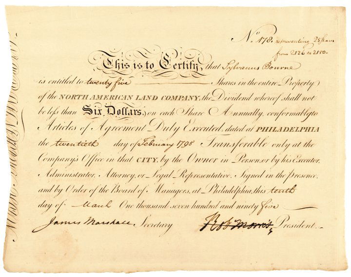 ROBERT MORRIS, Signed Stock Certificate: Autographs Financier of the American Revolution 1795 “Robt Morris” Signed Stock Certificate as President of the North American Land Company, Philadelphia ROBERT MORRIS, Signer to the United States