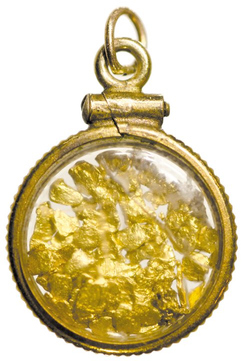 Souvenir Locket Containing Gold Flakes & Gold Nuggets: Western America Souvenir Locket Containing Gold Flakes & Gold Nuggets c. 1849 -1900 19th Century, Watch Fob / Pendant containing Actual Gold Flakes & Nuggets. American Gold Rush or Western Gold Mining