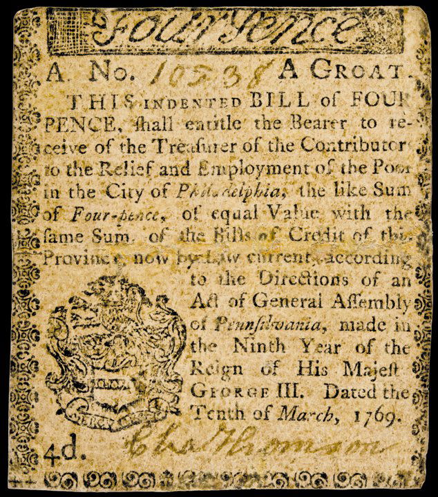 Colonial Currency, 1769, PA, CHARLES THOMSON: Famous Signers on Colonial Currency March 10, 1769 “Relief and Employment of the Poor - City of Philadelphia” Pence Note Signed By Charles Thomson CHARLES THOMSON (November 29, 1729 – August 16,