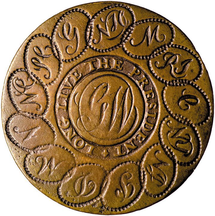 (1789) George Washington Inaugural Button, Script “GW”: Washington Related Superb Quality George Washington Inaugural Button Script “GW” “Long Live The President” Legend with Thirteen Linked Chain of States Type (1789) George Washington Inaugural B