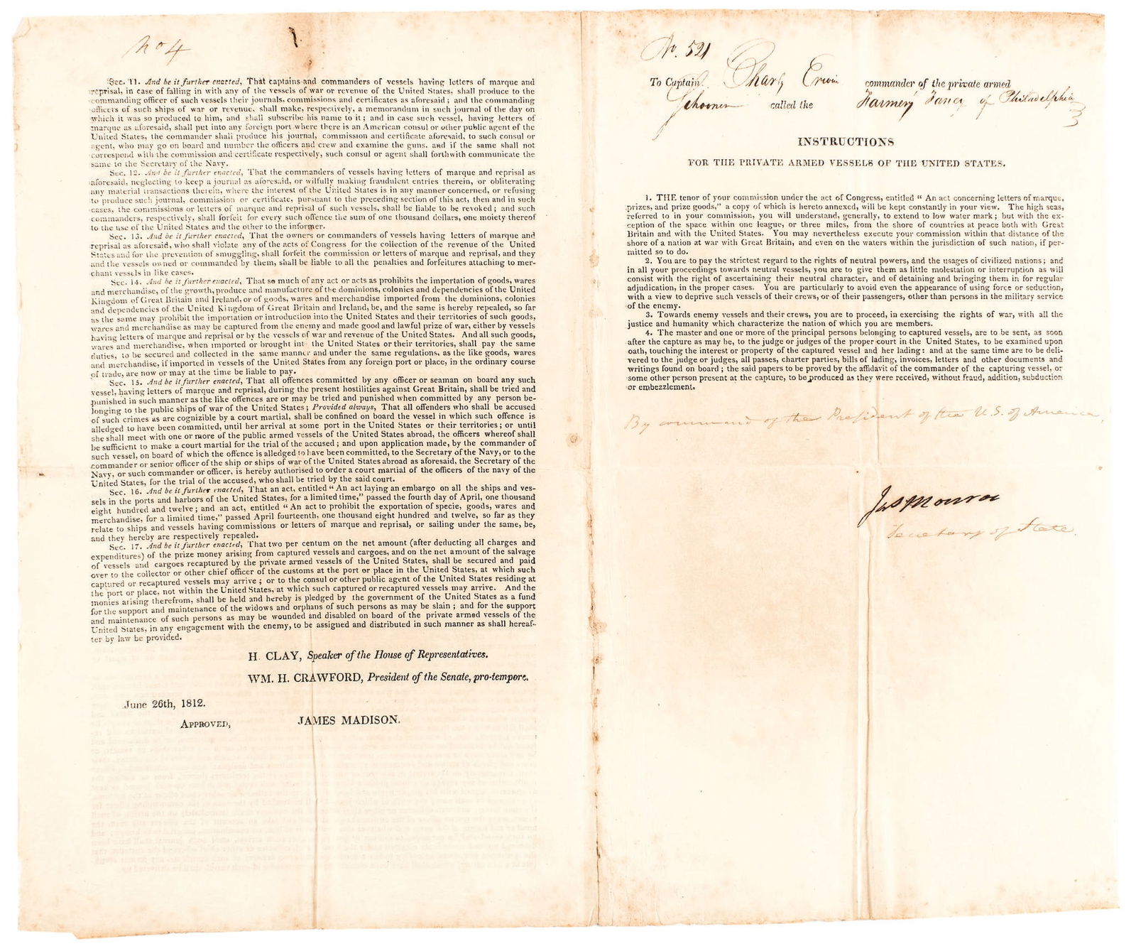 JAMES MONROE Signed June 26th, 1812 Signed United States Private Armed Vessel Instructions (1 of 7)