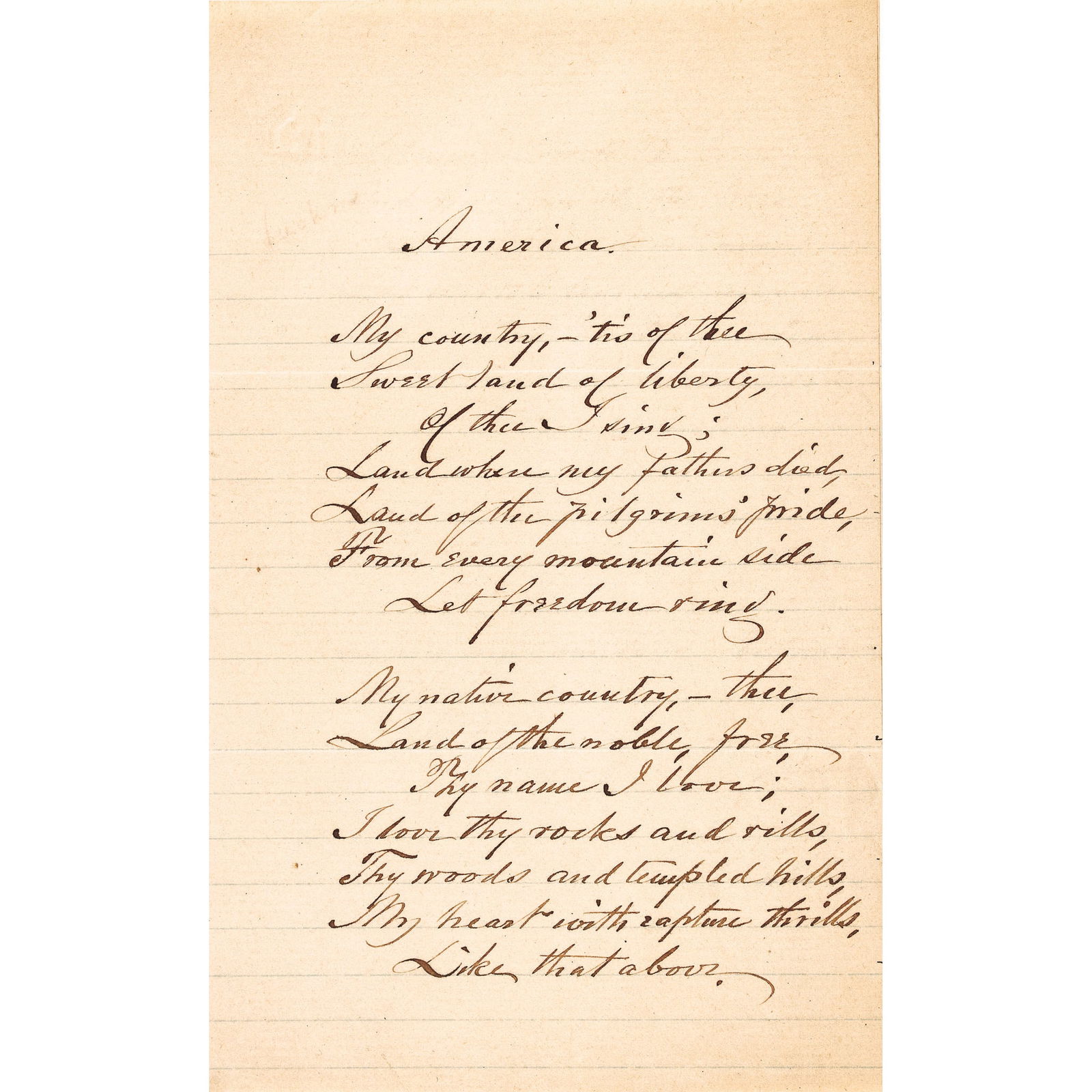1883 SAMUEL FRANCIS SMITH, First Four Stanzas of AMERICA, Patriotic Song, My Country Tis of Thee: Autographs Samuel Francis Smith Signed and Dated "America" the First Four Stanzas of American Patriotic Song its Popular Lyrics also Known as "My Country 'Tis of Thee" in Choice Quality SAMUEL FRANCIS