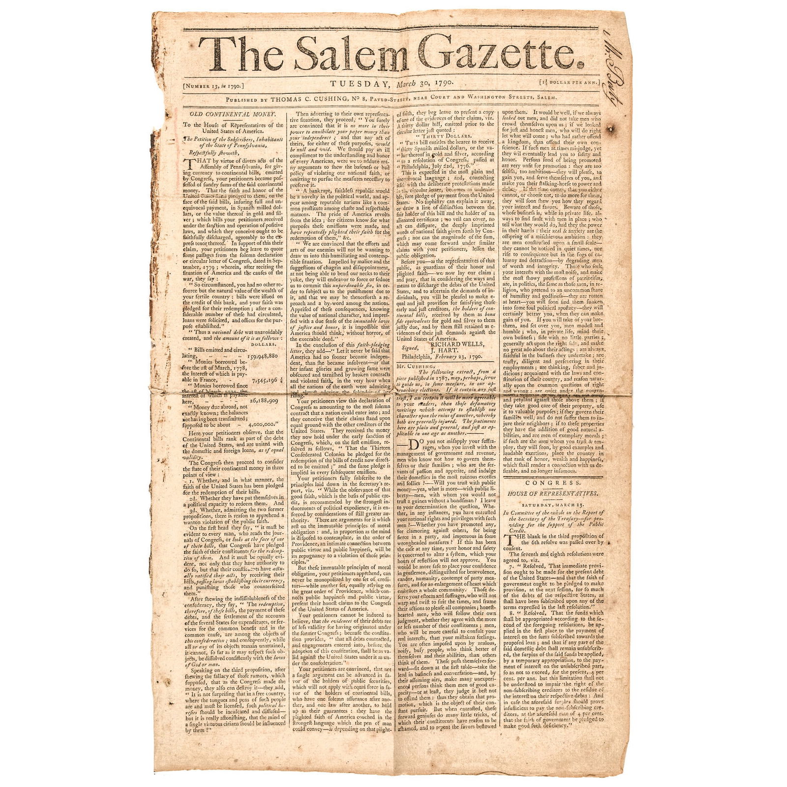 1790-Dated Old Continental Money + Marblehead Lottery in the Salem Gazette Newspaper, Lot of 3 Item (1 of 9)