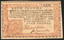 Colonial Currency, Pennsylvania April 10, 1777 Four Pounds Red + Black Printed PMG Certified EF-40