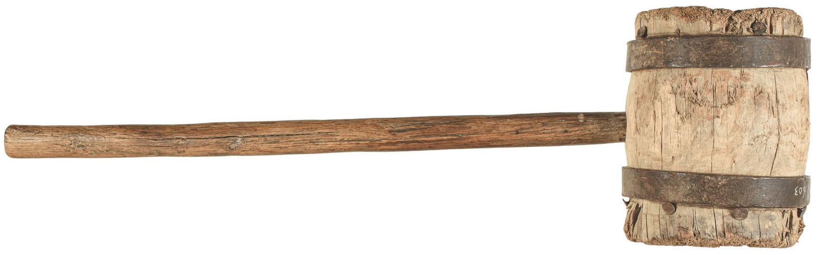 c. 1850 Large Antique Iron Banded Wood Mallet with its 27 Inch long original Wooden Pole (1 of 4)