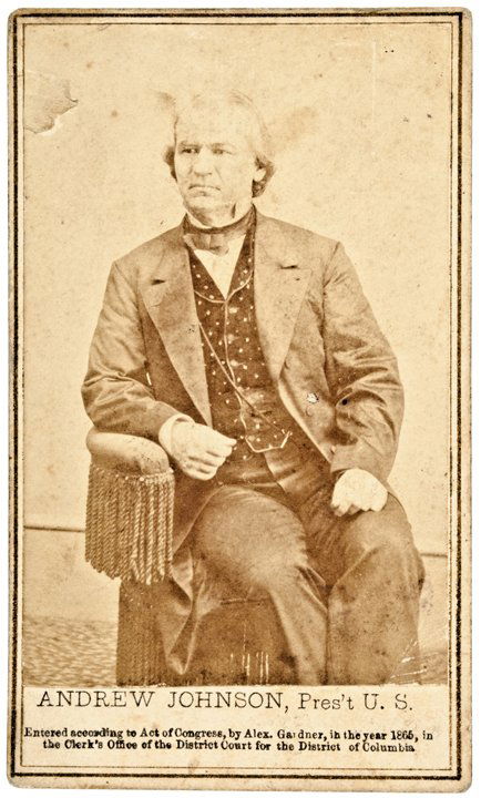 c. 1865, Andrew Johnson CDV Photograph: Civil War CDVs Carte de Visite Photograph of Andrew Johnson by Gardner c. 1865 Civil War Era, Carte de Visite Photograph, of Andrew Johnson, by maker Alexander Gardner, Very Fine. This original CDV me