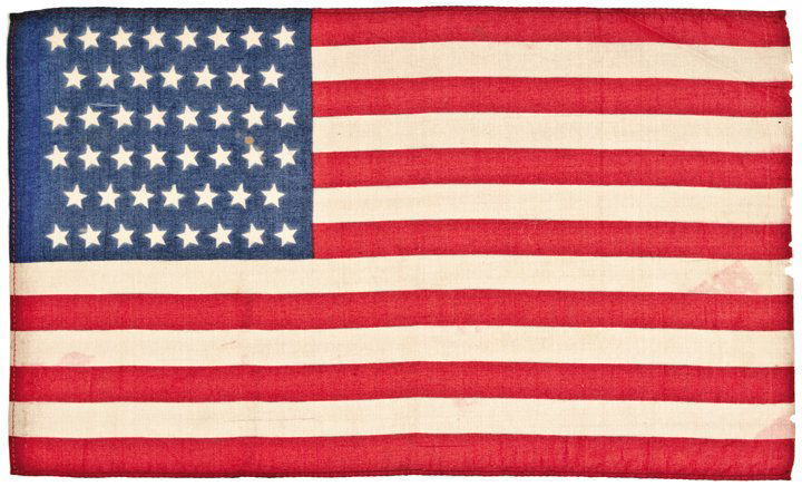 Scarce 46-Star American Parade Flag Printed On Sil: Flags Scarce 46-Star American Parade Flag Printed On Silk 1908-1912 Period, Forty-Six Star American Parade Flag, Oklahoma, Printed upon Silk, “8-7-8-8-7-8” Pattern, Extremely Fine. This official A