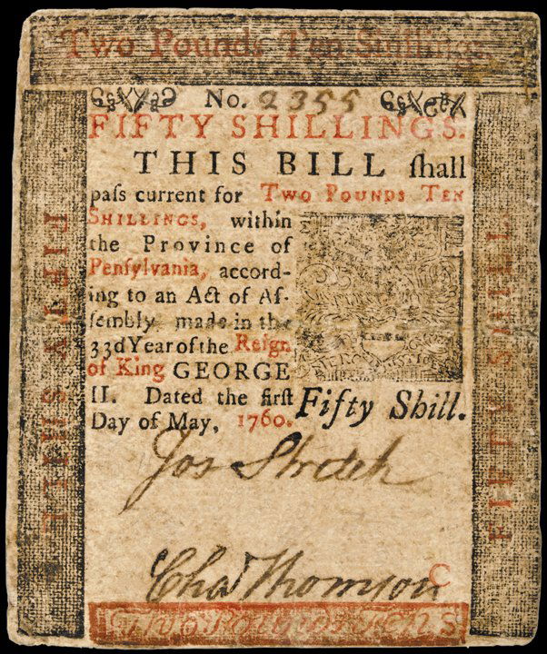 Colonial Currency, PA Printed by B. FRANKLIN, 1760: Colonial Notes Printed by B. Franklin Important 1760 Benjamin Franklin Printed Issue & Signed By Charles Thomson Secretary Continental Congress Province of Pennsylvania. May 1, 1760. Fifty Shillings.