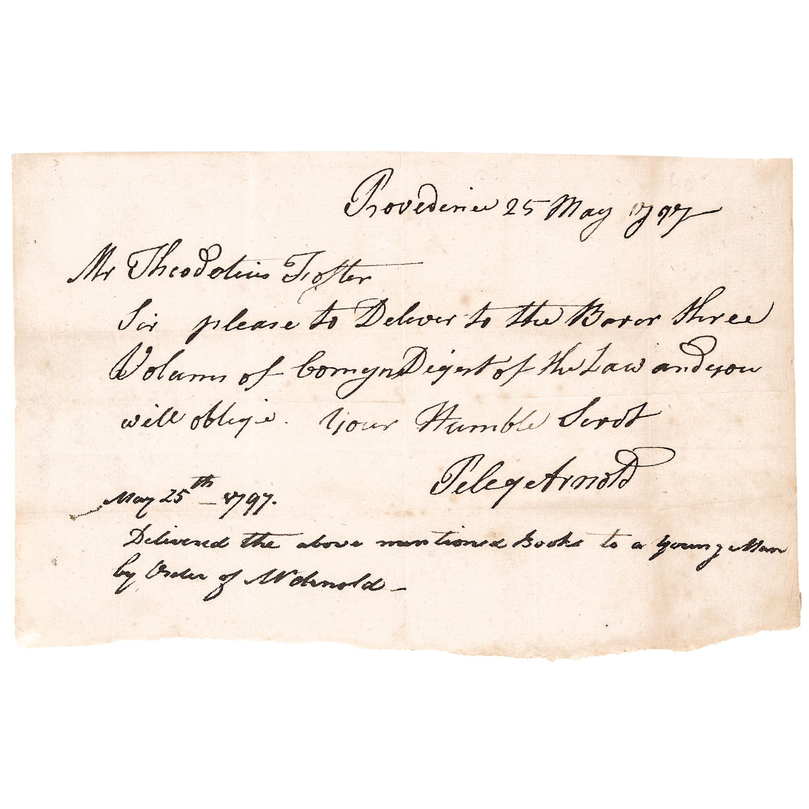 1797 PELEG ARNOLD, Autograph Document Signed, Rhode Island Request for Three Volumes of a Law Book (1 of 2)