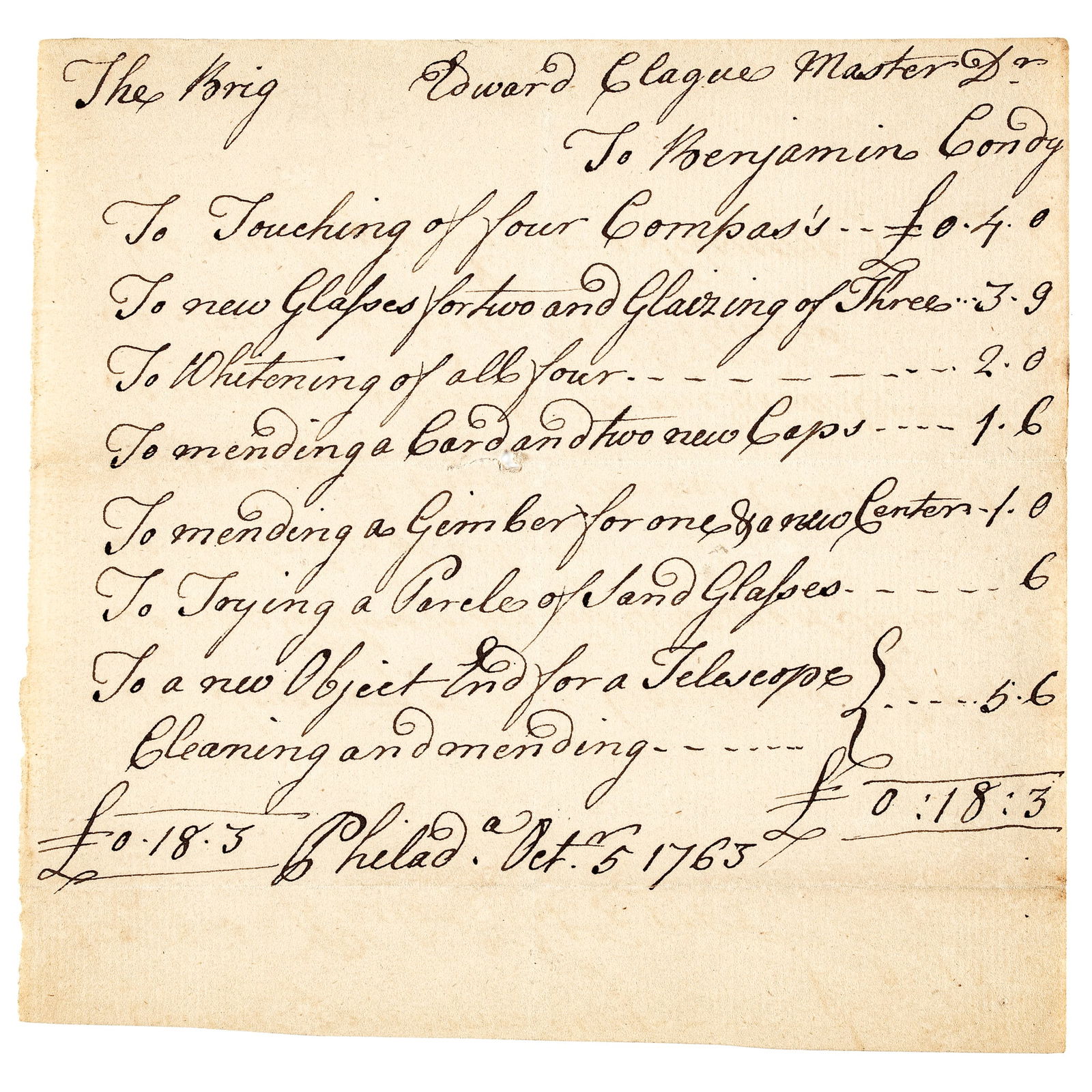 1763 BENJAMIN CONDY Signed Philadelphia Navigational Instrument Maker, Naval Brig Repairs Invoice (1 of 3)