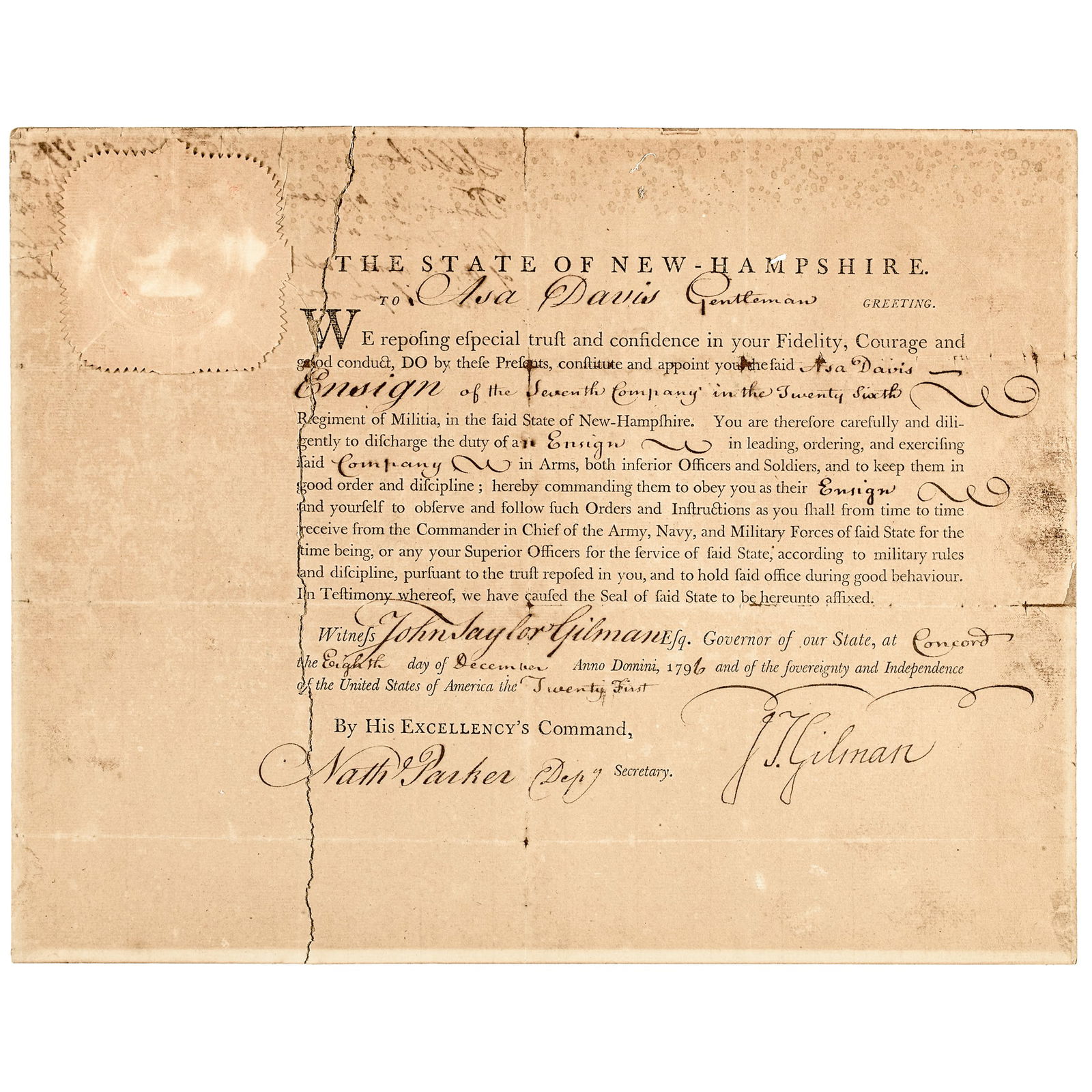 Military Appointment Signed JOHN TAYLOR GILMAN: Autographs 1796 New Hampshire Governor & Commander in Chief John Taylor Gilman Signed Militia Military Appointment JOHN TAYLOR GILMAN (1753-1828). Two Time Governor of New Hampshire, Farmer, Shipbuild