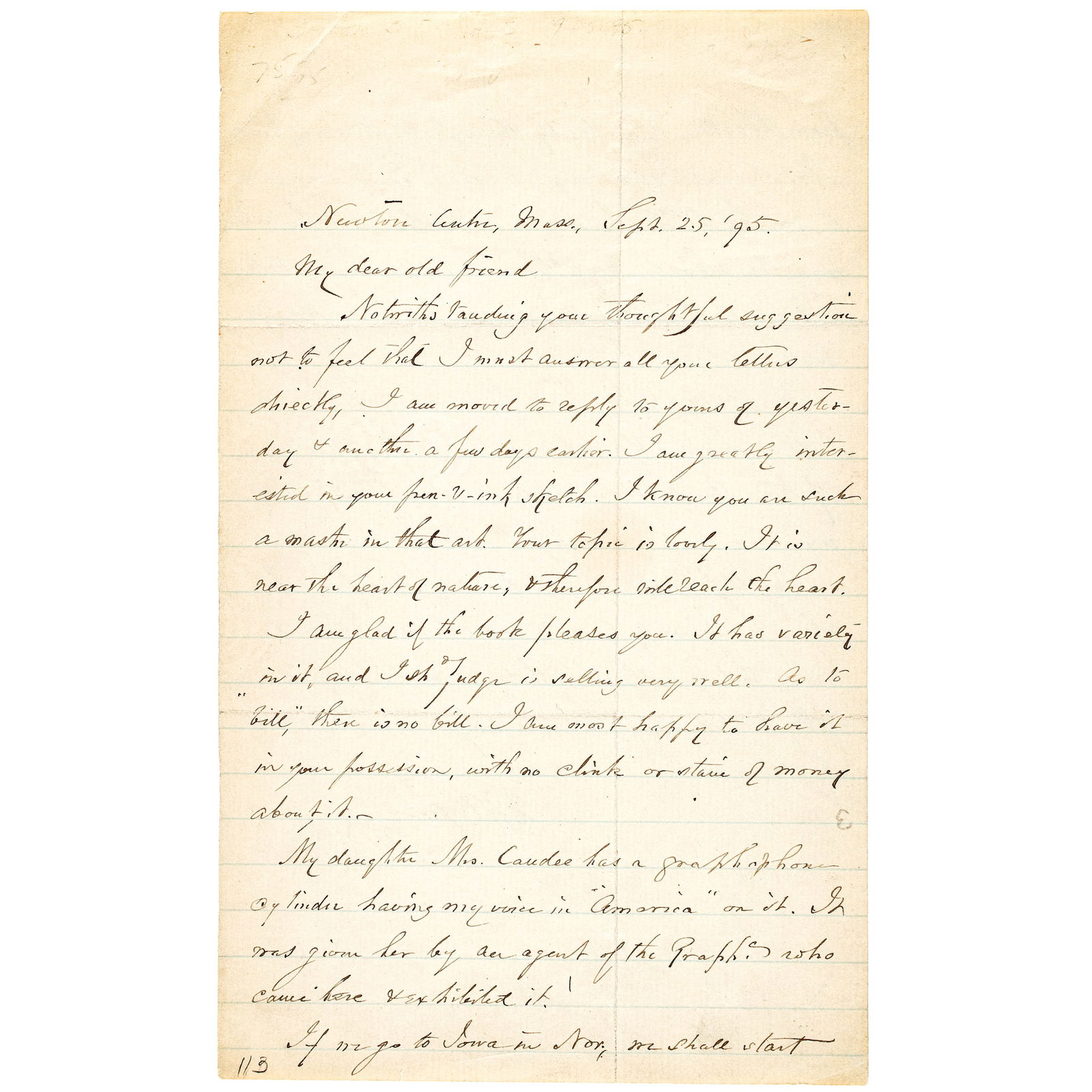 SAMUEL FRANCIS SMITH Great Content - Autograph Letter Signed Regarding Being the Author of AMERICA: Autographs Samuel Francis Smith 1895 Great Content Autograph Letter Signed: "My daughter ... has a graphophone cylinder having my voice in 'America' on it." From Author of "America" a.k.a. "My Country