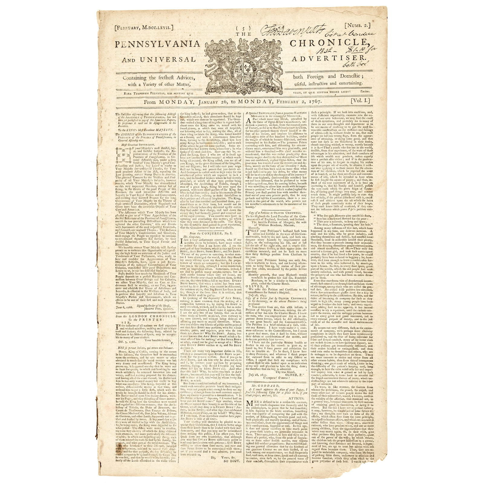 1767 Pennsylvania Newspaper with Report on the Repeal of the Stamp Act (1 of 3)