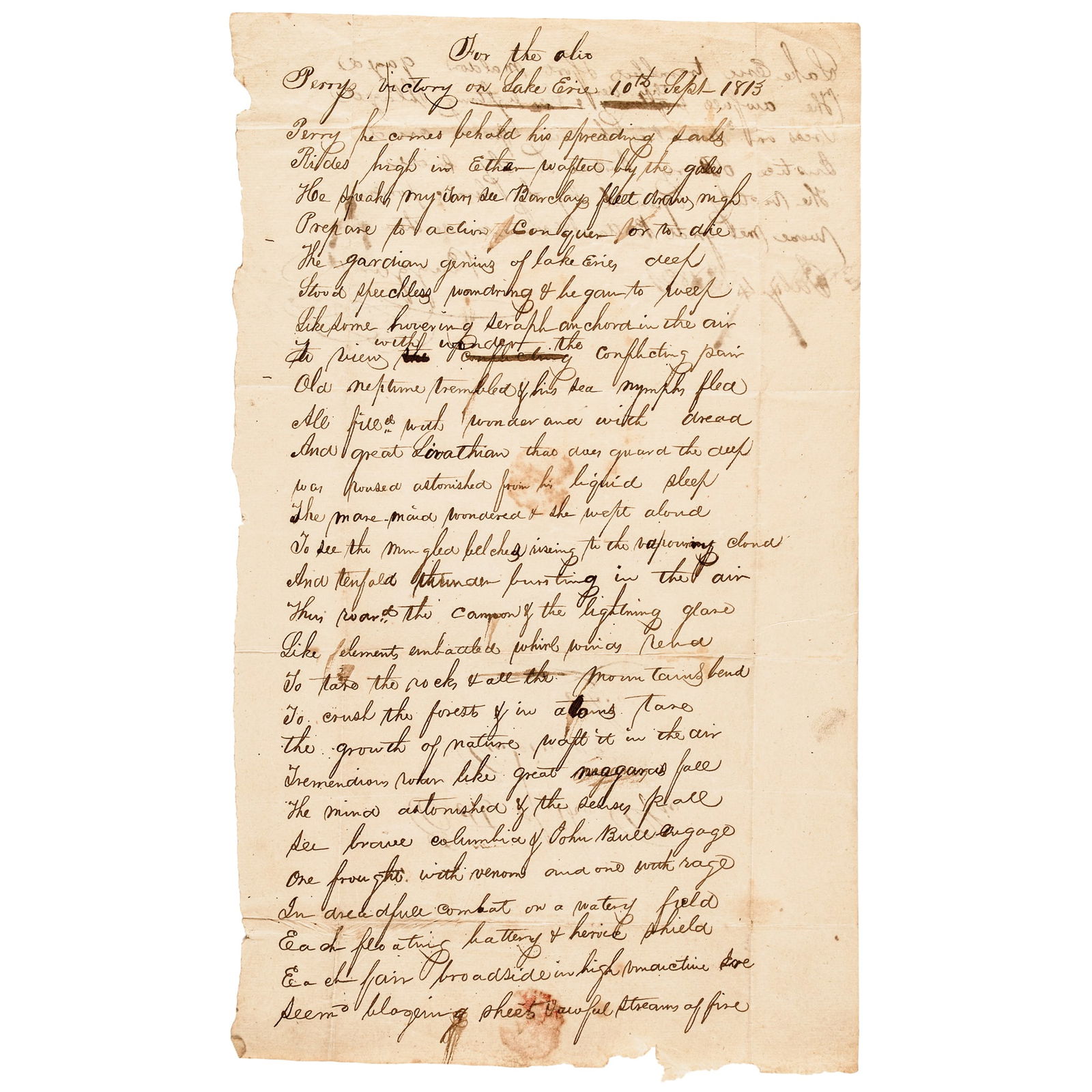 Handwritten Poem Celebrating Admiral Perry's 1813 Battle of Lake Erie Naval Victory Over The British (1 of 4)