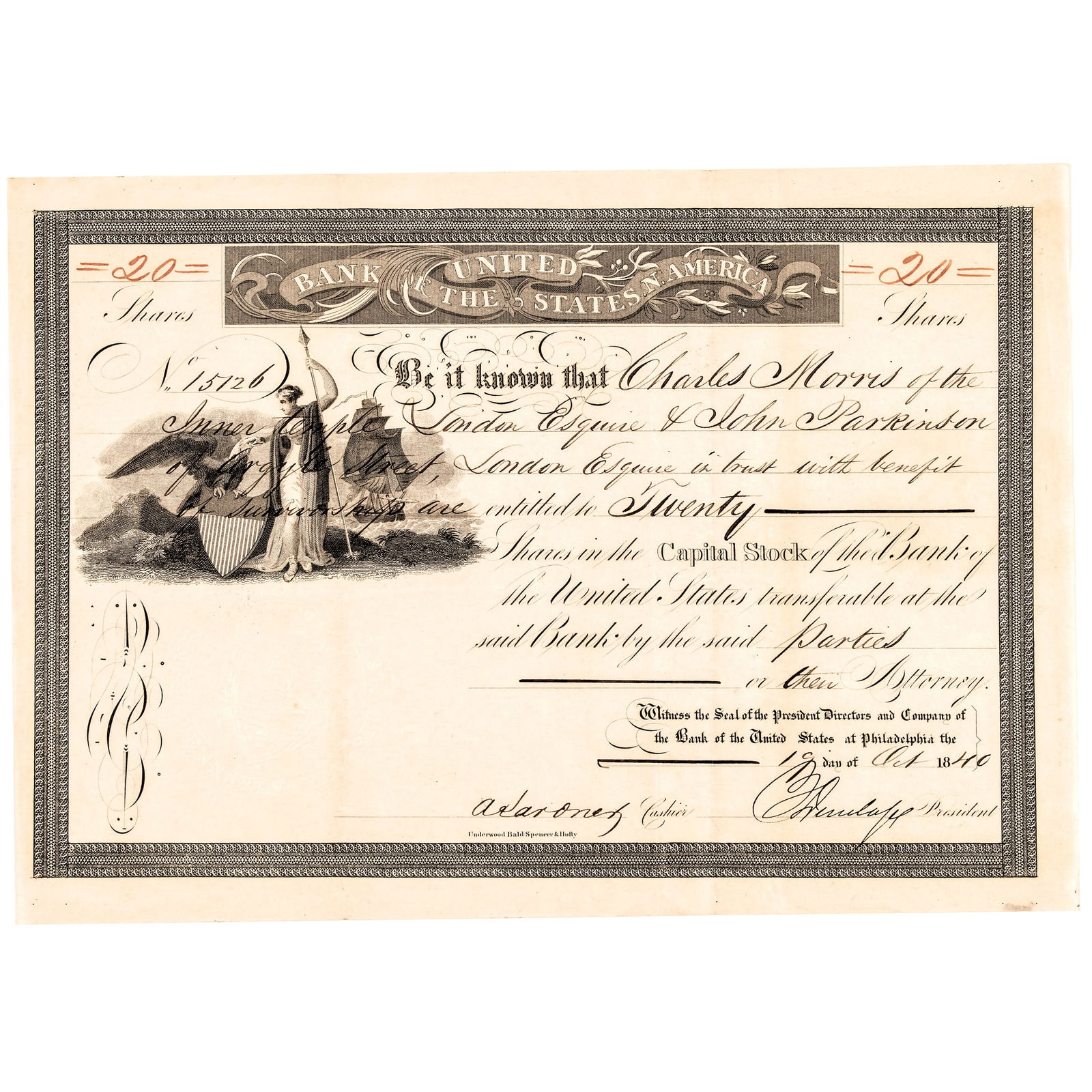 1840 (Third) Bank of the United States of America Issued Partly-Printed + Issued Stock Certificate (1 of 2)