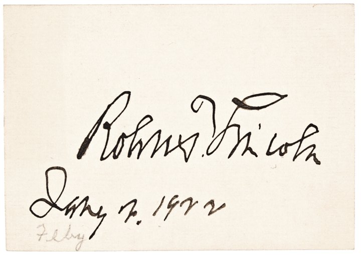 ROBERT TODD LINCOLN, Signed Card 1922: Robert Lincoln’s Personal & Dated Signature on Card ROBERT TODD LINCOLN (1843 - 1926). American Lawyer and Secretary of War, and the First Son of President Abraham Lincoln and Mary Todd Lincoln, the