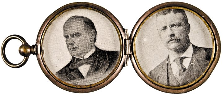 William McKinley and Theodore Roosevelt Jugate Locket: Political William McKinley and Theodore Roosevelt Jugate Locket c. 1900 Presidential Campaign, Jugate Locket, with Photographs of William McKinley and Theodore Roosevelt, Brass Frame, Choice Extremely
