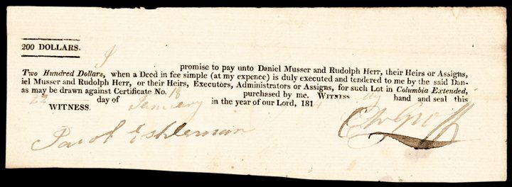 1814-Dated “Land” Lottery Ticket, $200: Colonial Lottery Extremely Rare 1814-Dated “Land” Lottery Ticket Columbia (PA.). January 27, 1814 (War of 1812 Era). $200. Land Lottery Ticket for Winning a Property Lot. Partially-Printed Date. C