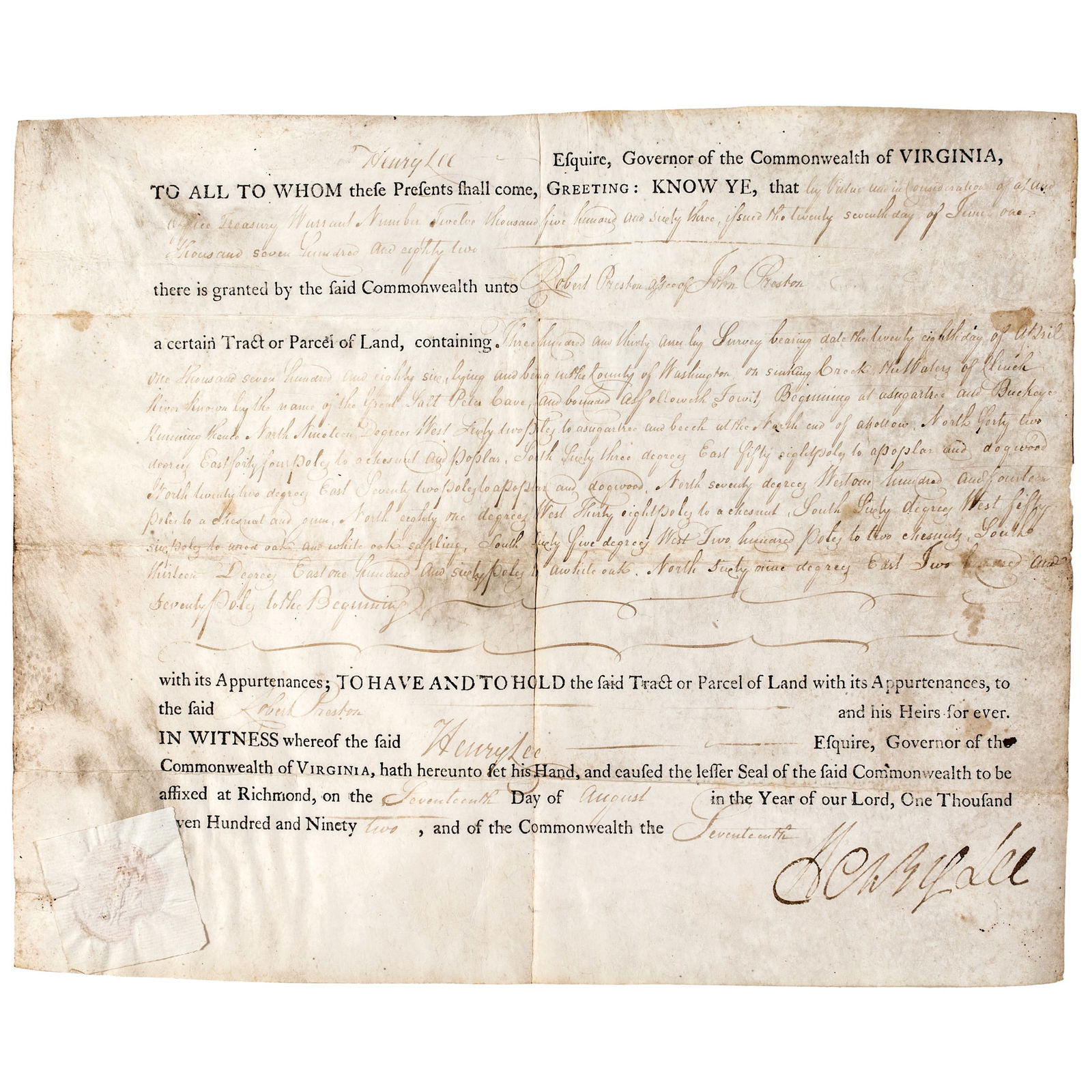 1772 Virginia Governor HENRY LEE Signed Land Grant to Robert Preston (1 of 4)
