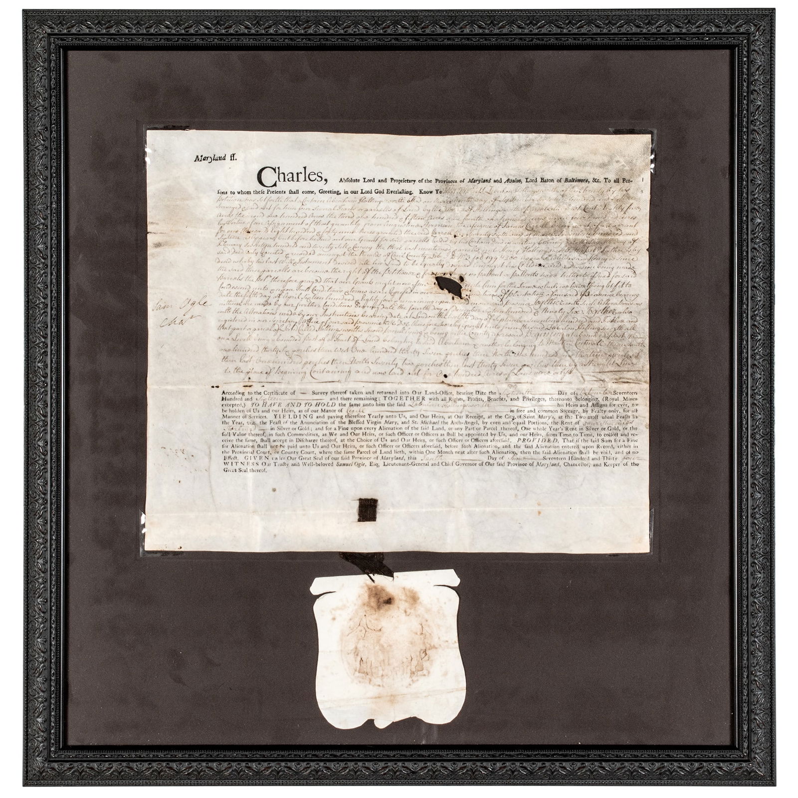 1734 SAMUEL OGLE Provincial Governor of Maryland Signed Vellum Land Deed with Embossed Seal (1 of 3)