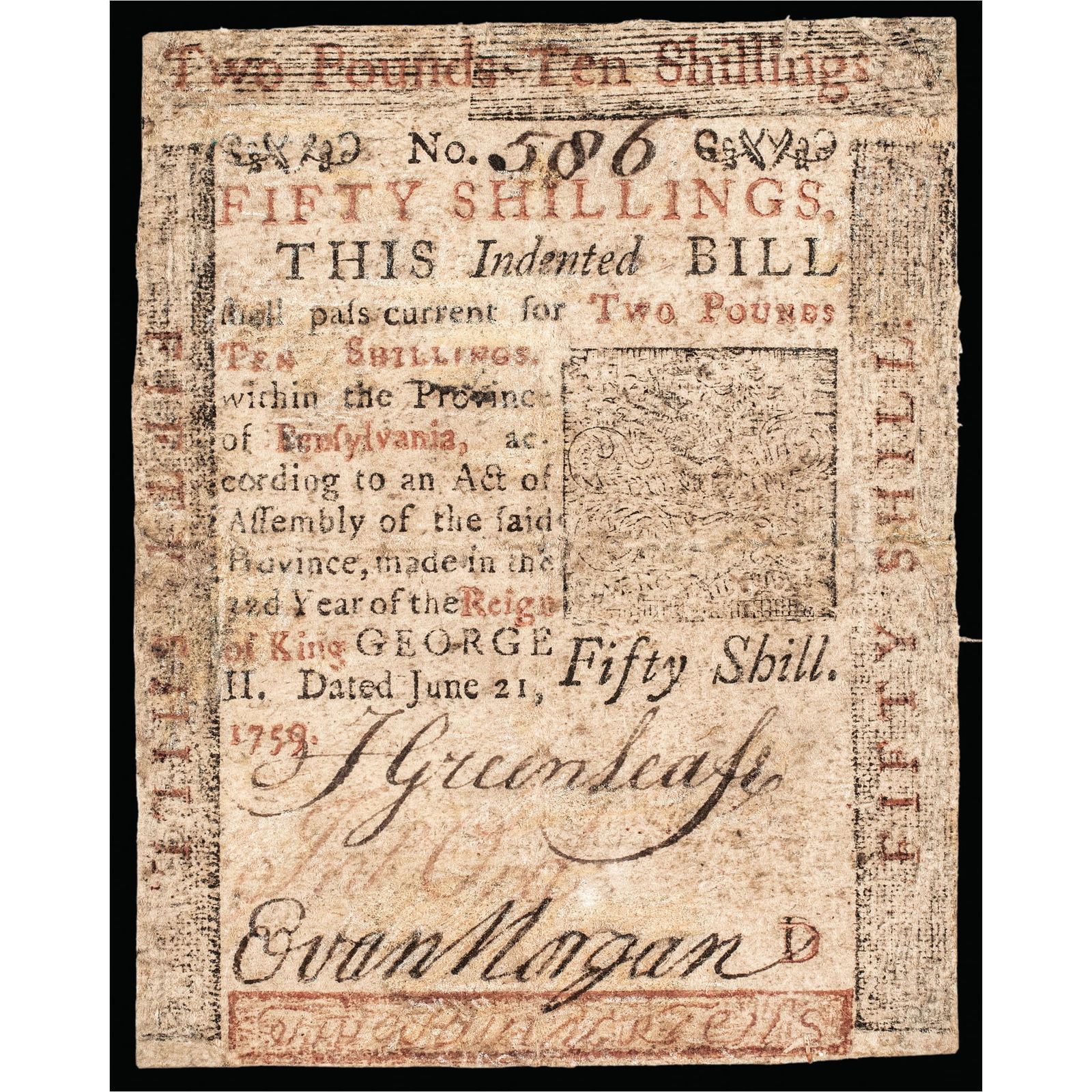 June 21, 1759 Province of Pennsylvania, BENJAMIN FRANKLIN Printed 50s Note PMG graded Choice Fine-15: Pennsylvania Currency Extremely Rare June 21, 1759 BENJAMIN FRANKLIN Printed Pennsylvania 50 Shillings Note PMG Choice F-15 Ex: Boyd; Stack's John Ford Jr Collection Part III May 2004 June 21, 1759 Pr