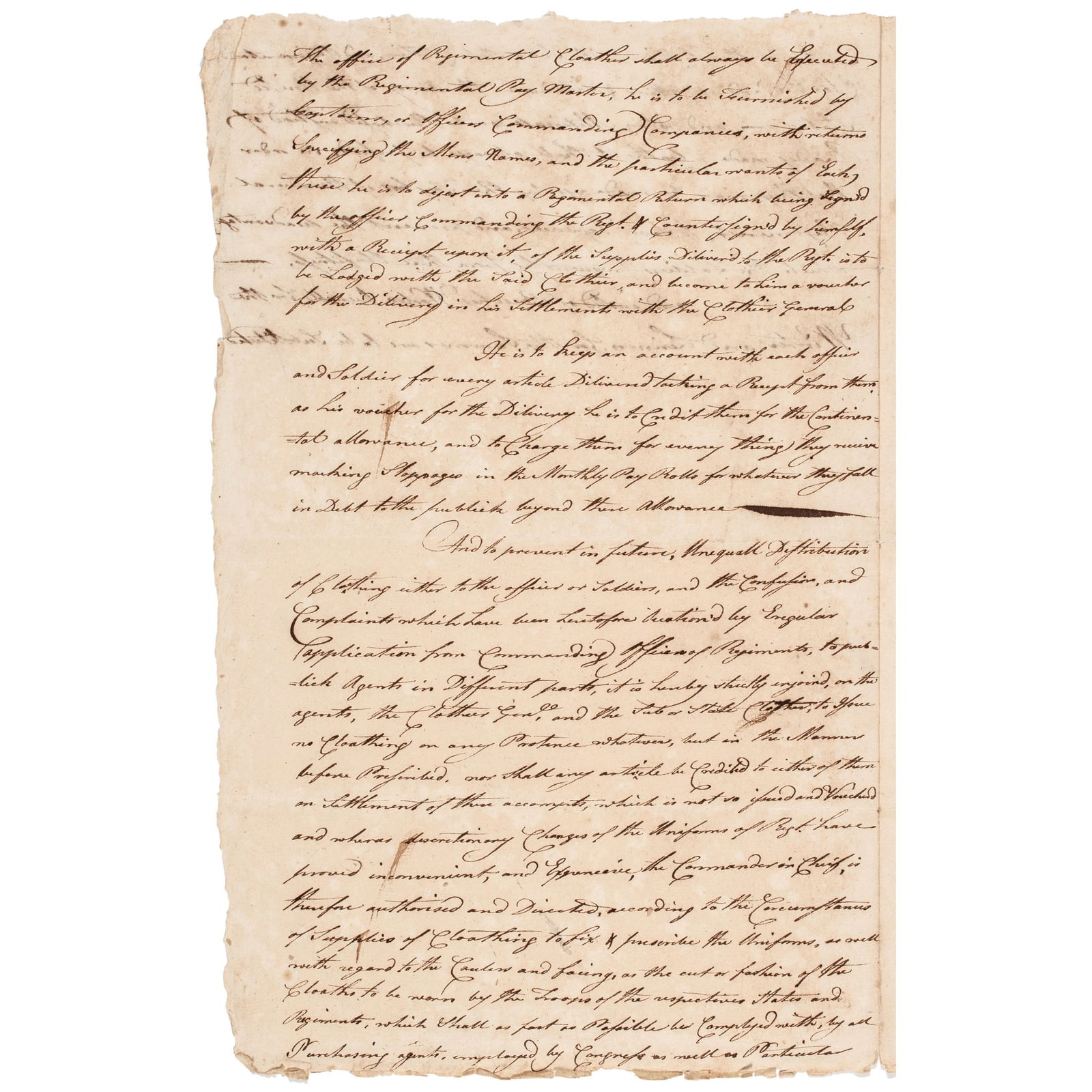 c. 1775 Revolutionary War Manuscript Document of Orders + Regulations for Issuing Soldiers Clothing (1 of 3)