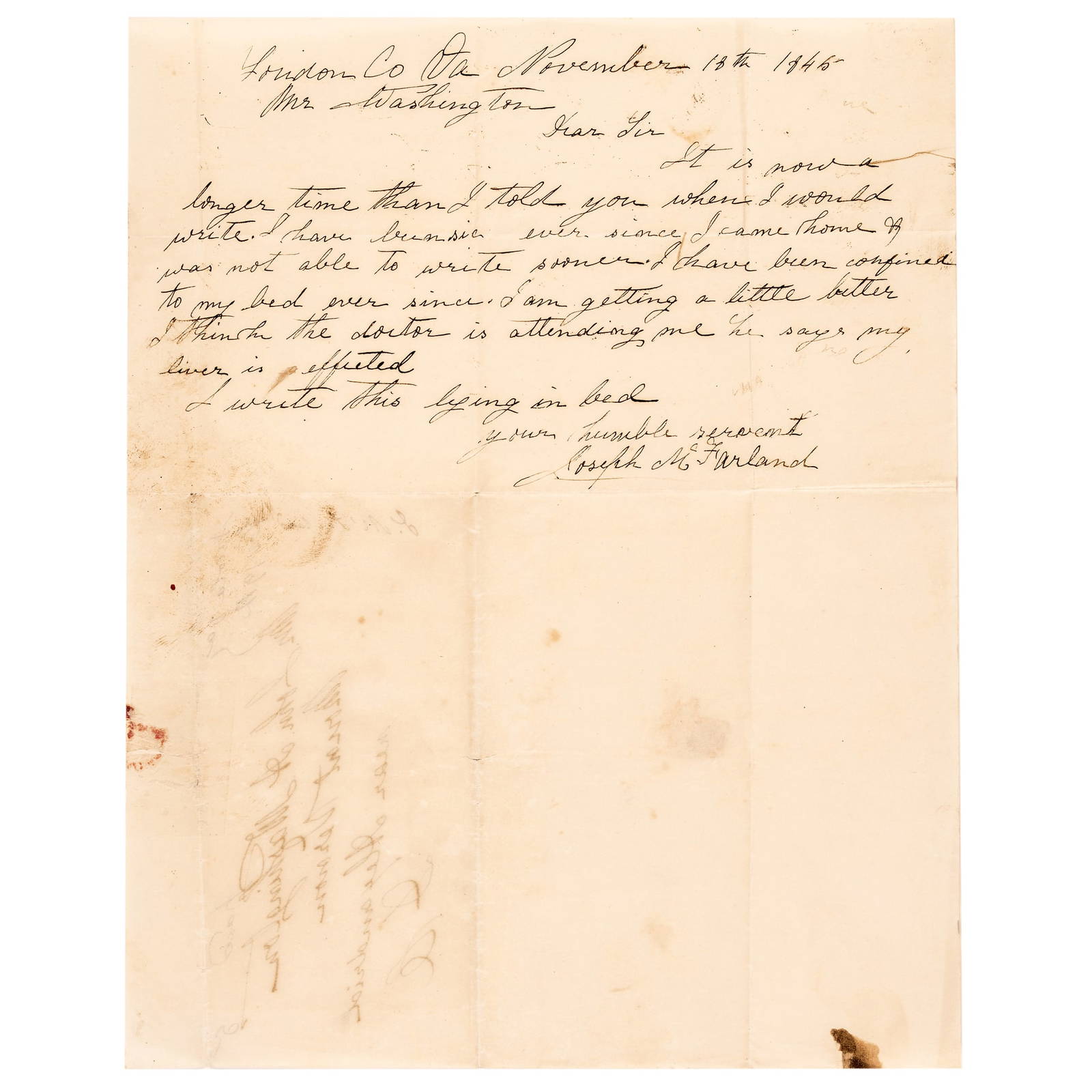 1845 Joseph Mcfarland, Master Slave Overseer, Als To John Augustine Washington (iii) At Mt