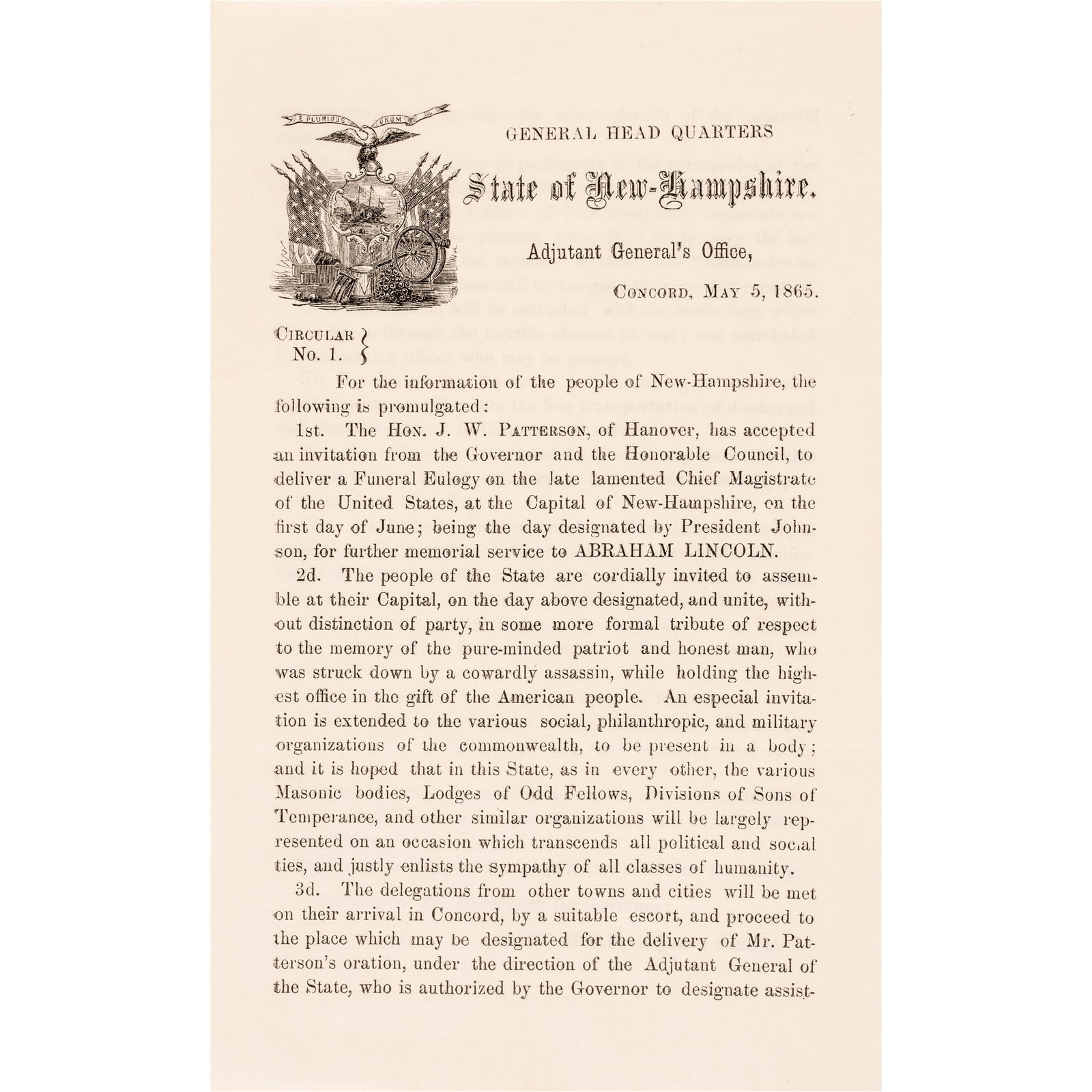 (ABRAHAM LINCOLN ASSASSINATION) Original Printed Invitation from the New Hampshire Adjutant General (1 of 2)