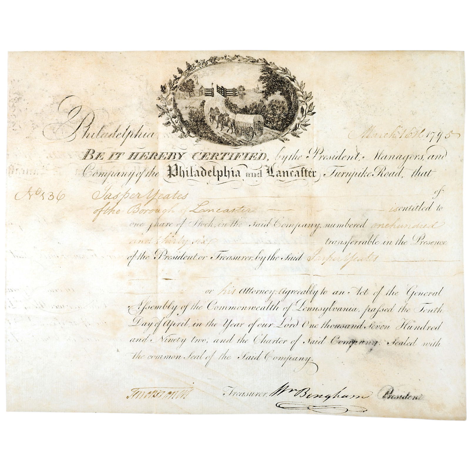 WILLIAM BINGHAM Signed, March 16, 1795, Philadelphia and Lancaster Turnpike Road Stock Certificate (1 of 1)
