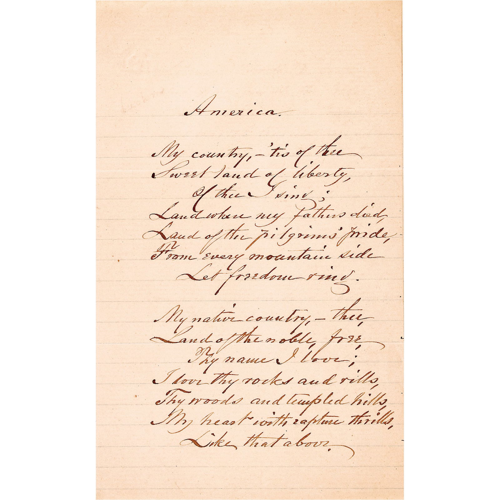 1883 SAMUEL FRANCIS SMITH, First Four Stanzas of AMERICA, Patriotic Song, My Country Tis of Thee: Autographs "America" Samuel Francis Smith Signed and Dated the First Four Stanzas of American Patriotic Song its Popular Lyrics also Known as "My Country 'Tis of Thee" SAMUEL FRANCIS SMITH (1808-1895)