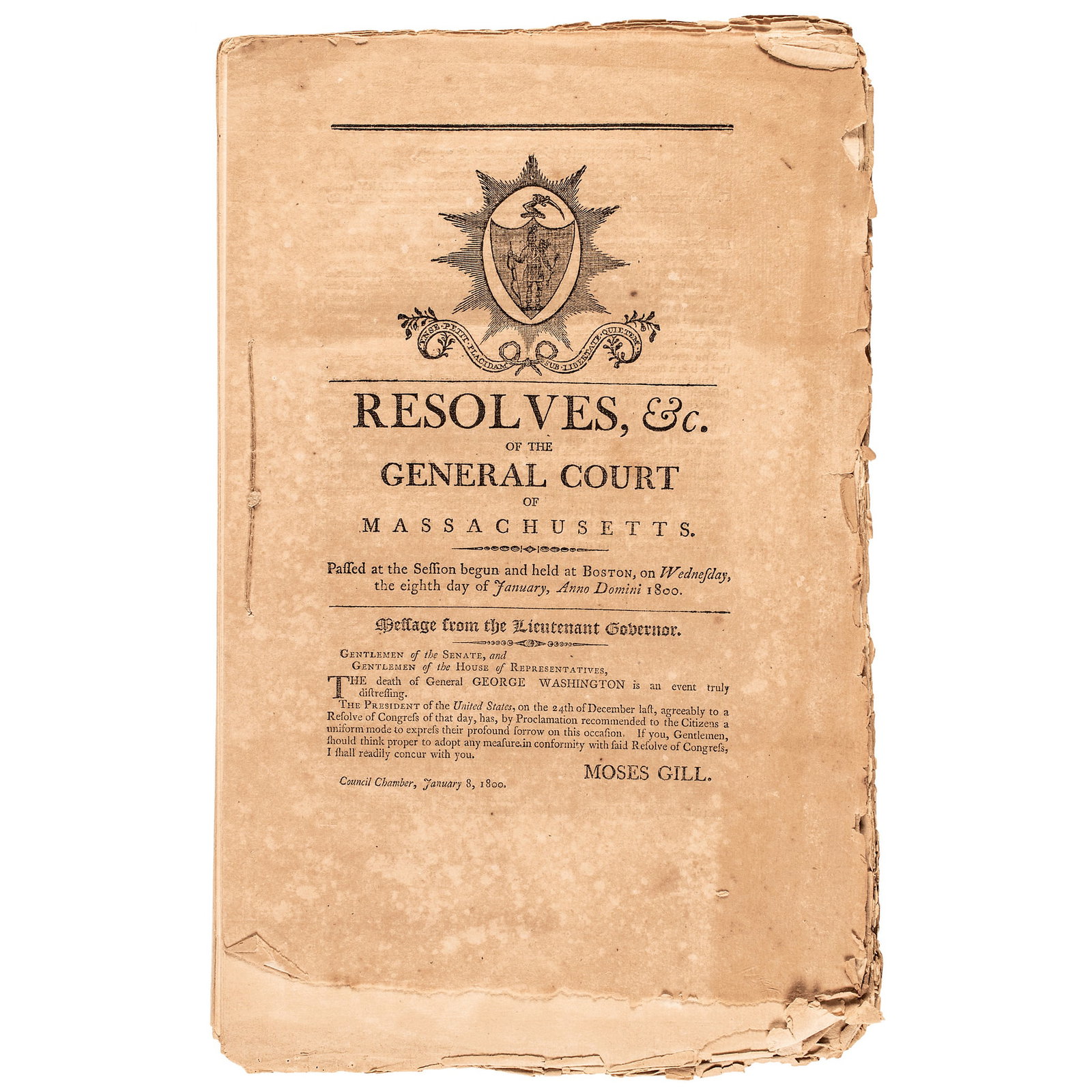 January 8th, 1800 Massachusetts Resolves with Multiple George Washington Tributes Upon His Death (1 of 3)
