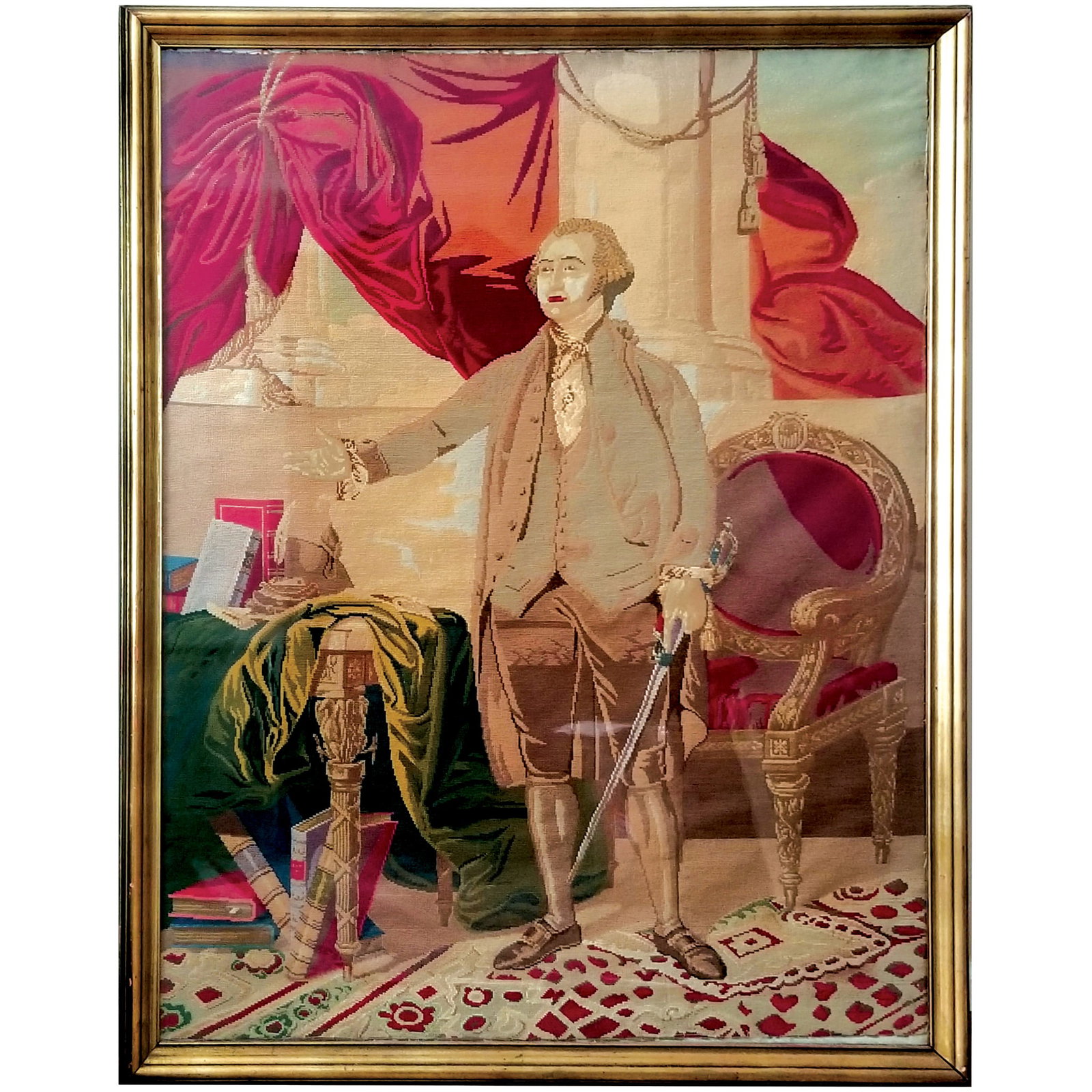 c. 1850 Massive Berlin Needlepoint of President George Washington After Gilbert Stuart: Washington Related Wall Size 53" x 42" Framed Berlin Needlepoint After the Landsdowne Portrait of President George Washington c. 1850, Berlin Needlepoint of President George Washington, After Gilbert