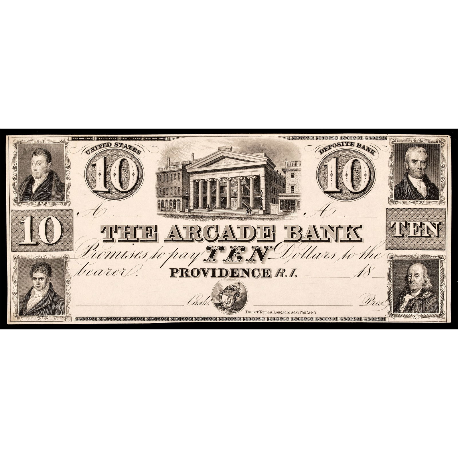1840s Arcade Bank, Providence, RI. Ten Dollars India Paper Proof PMG AU-58 (1 of 2)