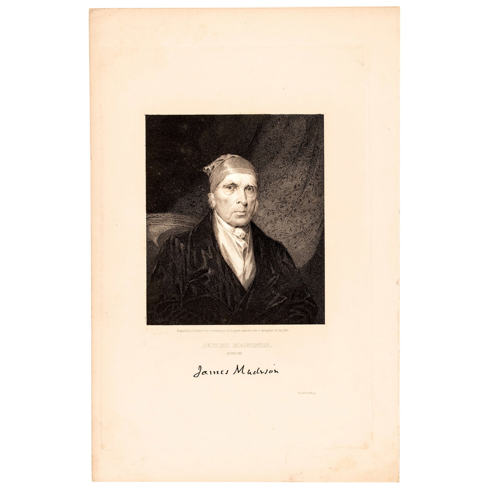 c 1833 Last Life Portrait, James Madison at Age 82, Engraving after painting at Montpelier in 1833 (1 of 2)
