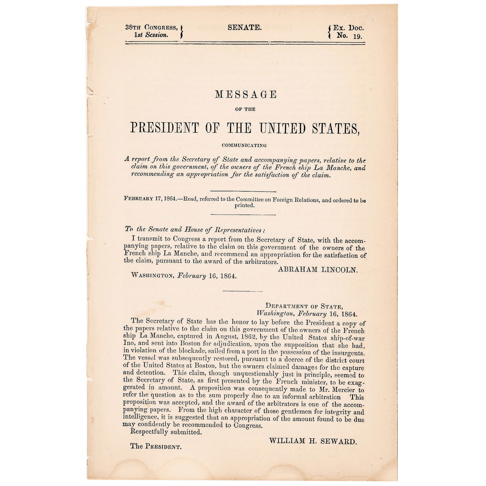 Abraham Lincoln 1864 Message from the President of the United States Ship Illegally Captured in 1862 (1 of 1)