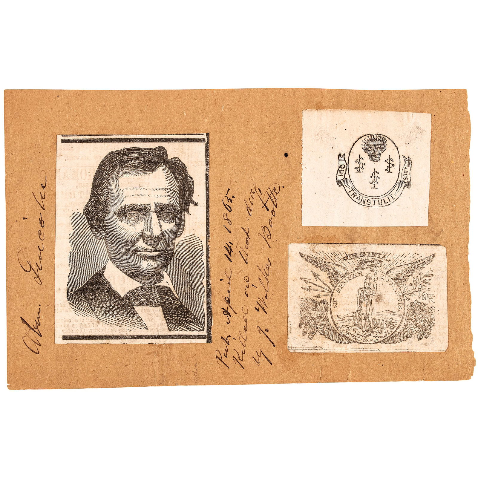 April 14, 1865 Woodcuts, Abraham Lincoln, VA. State Seal, CT. State Seal Parody Head of a Black Man (1 of 2)