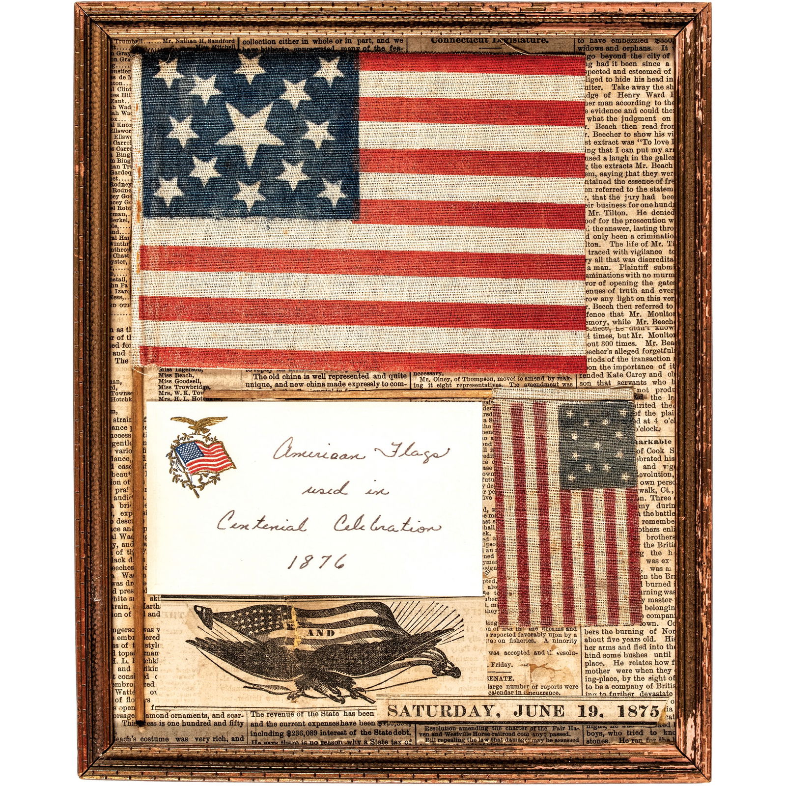 1875/76 American Centennial Celebration Display Mounted Pair of Two Original American Parade Flags (1 of 1)