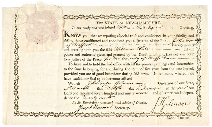JOHN TAYLOR GILMAN, 1797 Document Signed: Autographs 1797 Document Signed “J. T. Gilman” as Governor of NH JOHN TAYLOR GILMAN (1753-1828). Two Time Governor of New Hampshire, Farmer, Shipbuilder, and Statesman from Exeter, New Hampshire.