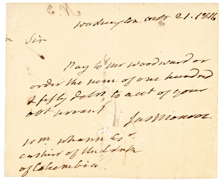 JAMES MONROE, 1816-Dated, Document Signed: Autographs Rare 1816 “JAMES MONROE” Signed Manuscript Check JAMES MONROE (1758-1831). 5th President of the United States. During the War of 1812, Monroe held the critical roles of both Secretary o