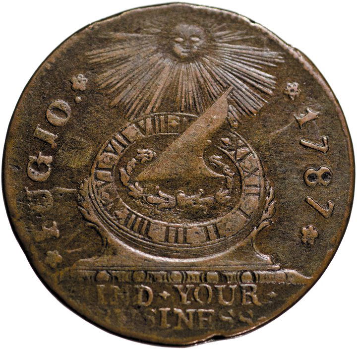 1787 Fugio Cent, Pointed Rays / STATES UNITED: Fugio Cents Nearly Uncirculated Sharply Detailed 1787 Fugio Cent 1787 Fugio Cent, Pointed Rays / STATES UNITED. 4 Cinquefoils. Newman 12-X. Choice About Uncirculated. 147.0 grns. Rarity-3. This Fugio