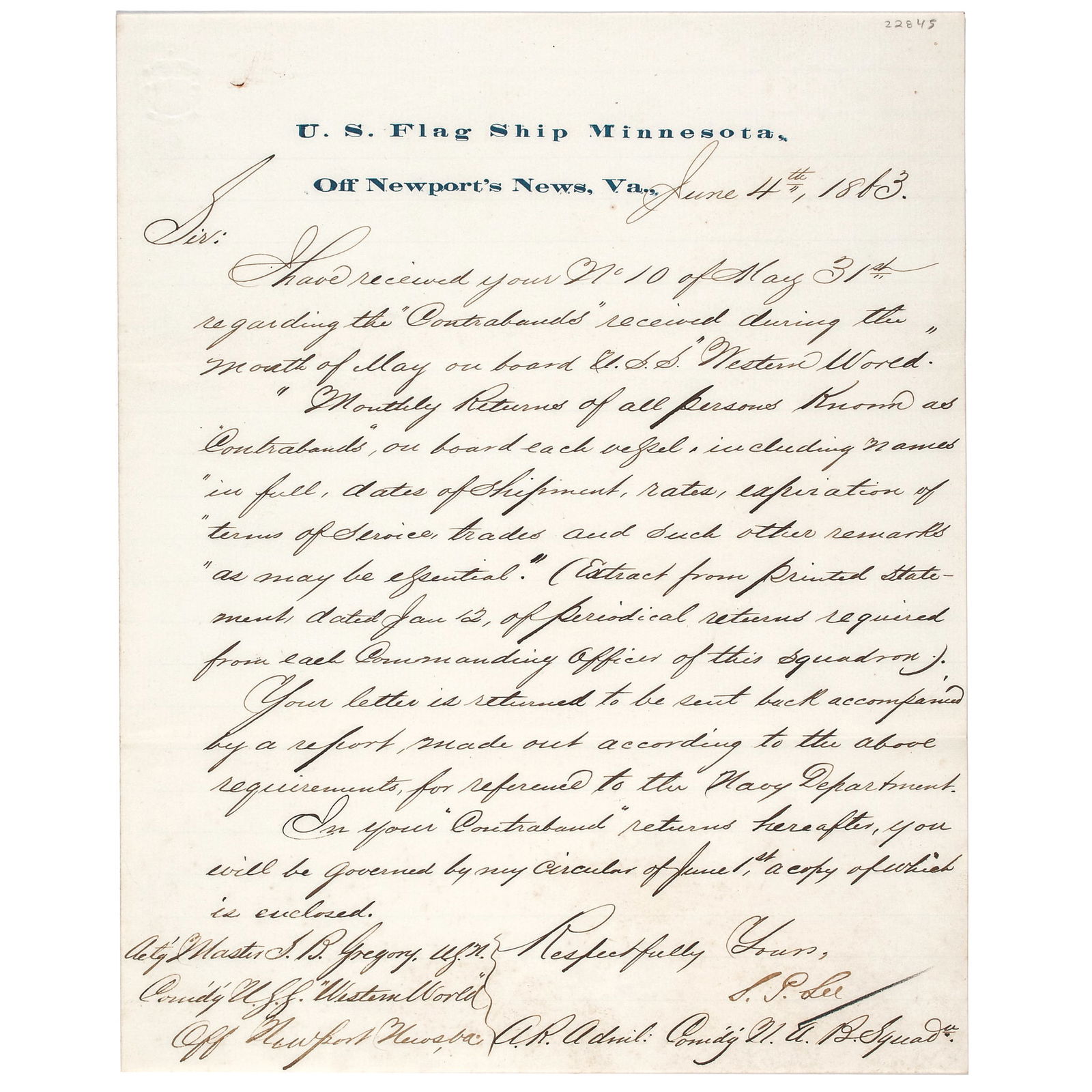 1863 Virginian SAMUEL P LEE Accounting of Black Contraband Sailors Civil War Union Navy Bureaucracy (1 of 4)