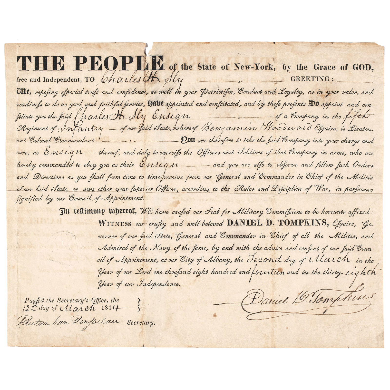 1814 DANIEL D TOMPKINS, 4th US VP War of 1812 New York Militia Commission Signed as Governor of NY (1 of 4)