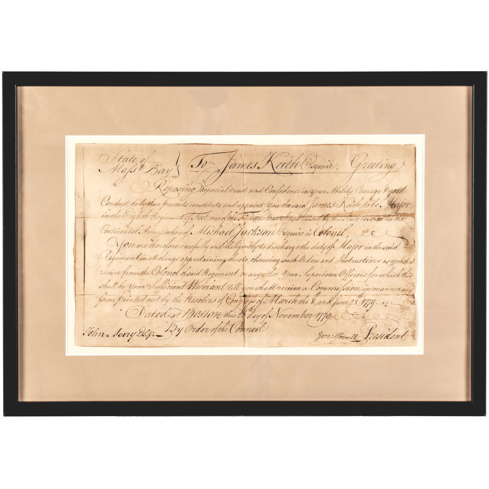 1779 Rare Boston Manuscript Military Commission to James Keith Esquire as a Continental Army Major (1 of 5)