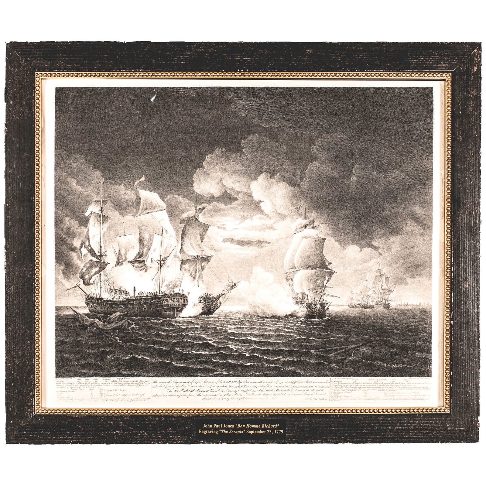 1780 Engraving, Engagement of Captn. Pearson of the Serapis with Paul Jones of the Bon Homme Richard: American Revolution "The memorable engagement of Captn. Pearson of the Serapis, with Paul Jones of the Bon Homme Richard & his Squadron, Sep. 23, 1779" by Richard Paton Published by John Boydell, Lond